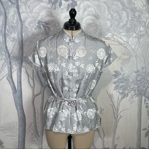 Chinese Mandarin collar Silver Gray Knot Button Short Sleeve Tie Waist Blouse L